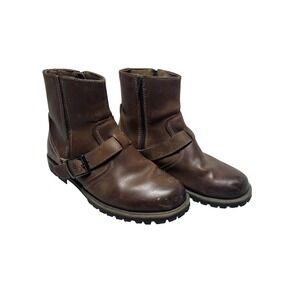 Chaps Biker Boots Mens Size 9.5 Brown Leather Ankle Zip Buckle Lug Sole 96-96922